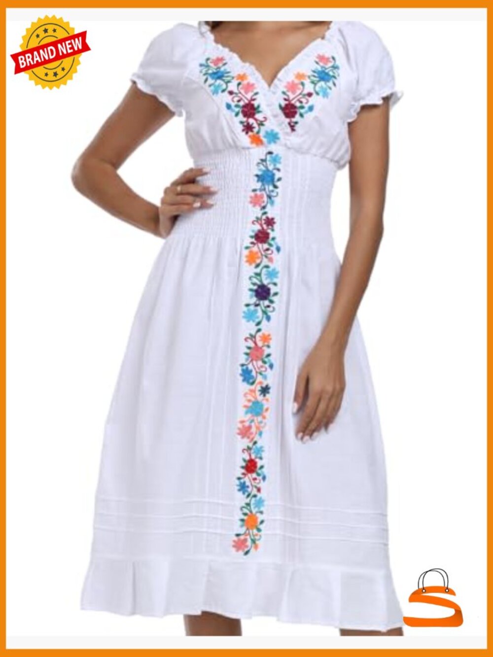 Women's Mexican Embroidered Casual Dress V-Neck Short Sleeves Boho - Picture 6 of 7